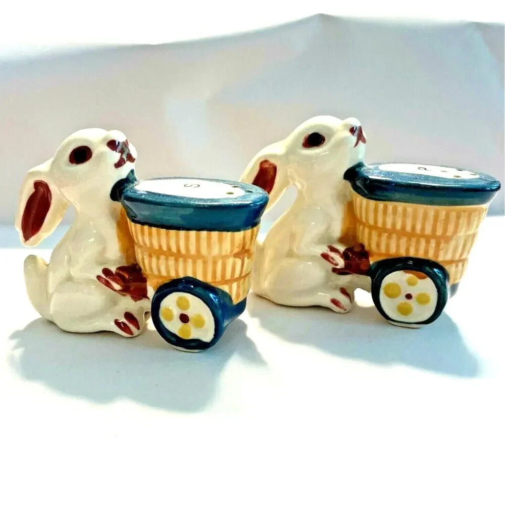 Salt & Pepper Shakers Set Bunny Rabbits Pushing Baskets Vintage Anthropomorphic